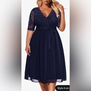 Pinup Fashion Women's Lace Chiffon Wrap V Neck Dress Navy Plus Size 14W